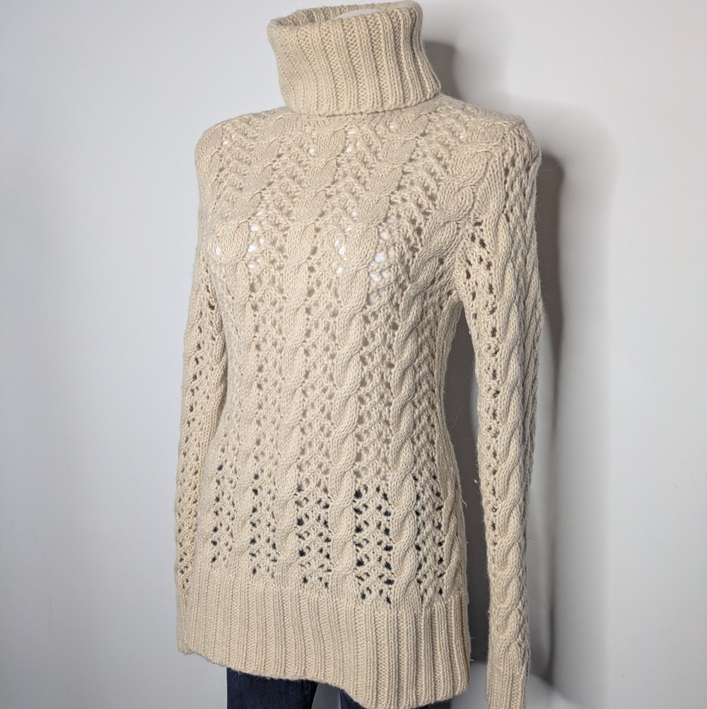 Aeve Light Tan Open Knit Alpaca & Wool Long Sleeve Turtleneck Sweater M - Picture 2 of 7